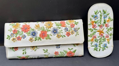 Vintage Multicolorido Floral Bordado Couro Branco Clutch e Estojo de Vidro Índia - Imagem 1 de 4