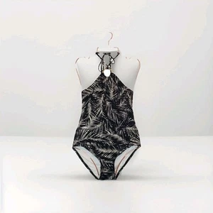 Michael Kors Black Sonoran Palm Logo Ring Halter One-Piece Swimsuit Size 8 NWT - Picture 1 of 21