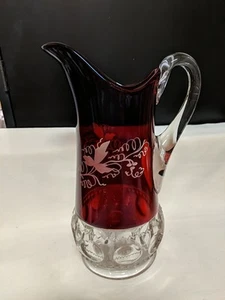 Vintage Etched Ruby Red Flash Glass Pitcher w/ Clear Base - Picture 1 of 4