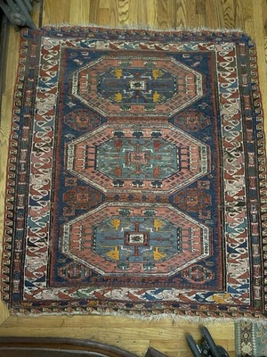 Vintage Turkish Herizz 5’4"x4'6" Hand Knotted Antique Oriental Rug Caucasian - Image 1 of 2