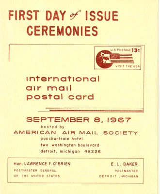 USPS FDC Ceremony Program #UXC8 C2 Visit USA Intl Air Mail Postal Card 1967 - Image 1 of 4