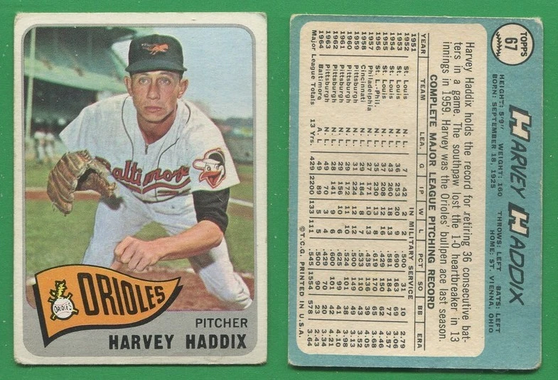 1965 Topps Baseball ~~~ HARVEY HADDIX ~~~ Não. 67 ~~~ GRÁTIS S/H - Imagem 1 de 1