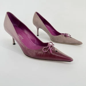 Y2K Gunmetal Italy Heels Size 6.5 EU 37 Pink Purple Kitten Bow Pointed Toe - Picture 1 of 10