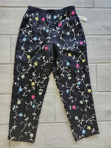 Vintage Talbots Irish Black Linen Floral Embroidered Cropped Pants Sz 6P NWT - Picture 1 of 6