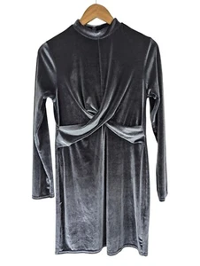Topshop Grey Velvet Dress, Twist/Drape Front Short Long Sleeve Mock Neck Size 12 - Picture 1 of 11