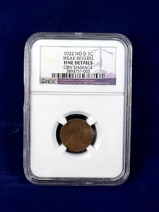 1922 No D Lincoln cent weak reverse NGC fine details - Picture 1 of 4