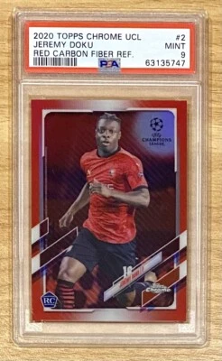 Jeremy Doku 2020-21 Topps Chrome UEFA Red Carbon Fiber Refractor SSP PSA 9 RC - Image 1 of 2