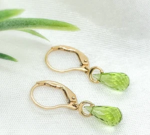 14k Gold 3.09 Carat TW Genuine Natural Peridot Briolette Drop Earrings (#J7132) - Picture 1 of 8