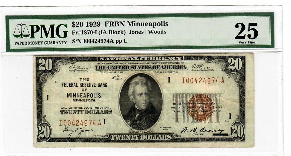 1929 $20 Fr 1870-I FRBN Minneapolis MN PMG Certified VF25 Graded Brown Seal 2022 - Image 1 of 2