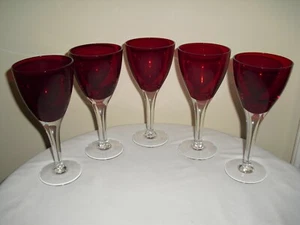 Set of Five (5) Ruby Red Wine / Water Goblets / Glasses with Clear Stems - Picture 1 of 4