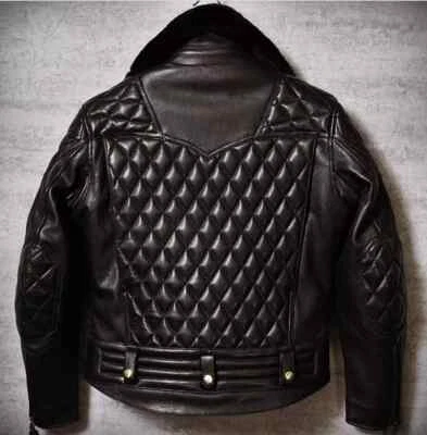 Mens Biker Cafe Racer Brando Quilted Motorcycle Fur Collar Black Leather Jacket - Image 1 of 2