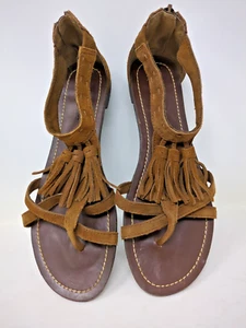 MINNETONKA Brown Leather T-Strap Fringe/Tassel Open Toe Sandals Womens, Size 9 - Picture 1 of 9