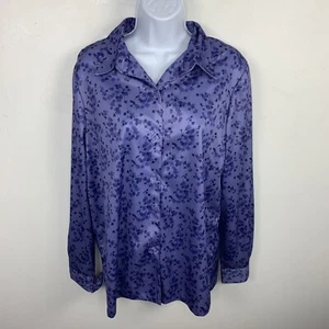 Vintage Blair Womens Top Sz M Blue Violet Floral Button Front Long Sleeve Collar - Picture 1 of 12