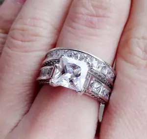 Anello di fidanzamento set sposa diamanti taglio principessa 4 ct oro bianco 14 carati - Foto 1 di 7