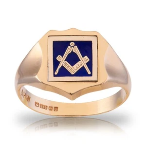 Masonic 9ct Yellow Gold Shield Crest Blue Enamelled Signet Ring - Picture 1 of 10