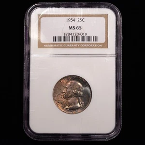 1954 Washington Silver Quarter 25c - NGC GRADED MS65 - END ROLL RAINBOW TONER - Bild 1 von 4