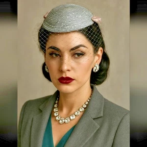 VINTAGE 1950s WOMENS HAT FASCINATOR GRAY NETTING BOW VEIL VERY GOOD CONDITION - Picture 1 of 13