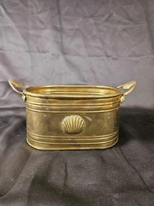 Vintage Brass Planter Cachepot w/Seashell Motif & Handles | Coastal Nautical - Picture 1 of 9