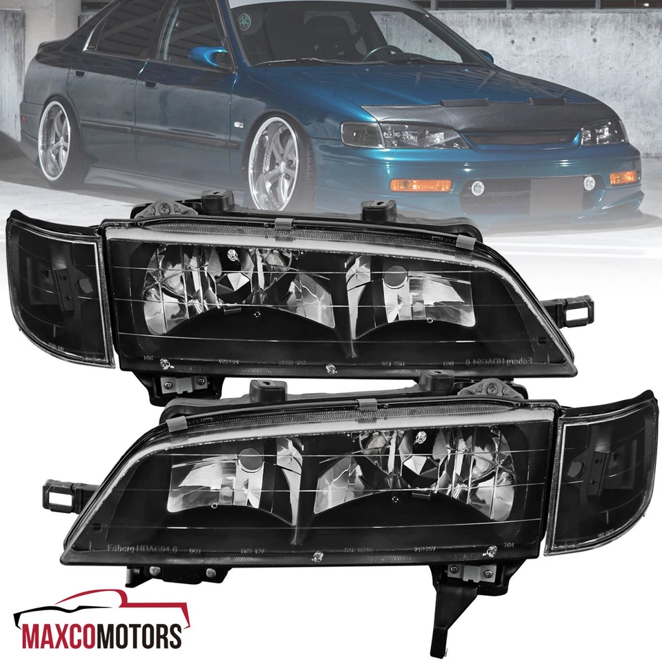 Black Headlights+Corner Signal Lamps Fits 1994-1997 Honda Accord JDM Pair 94-97 Foto 1 de 4