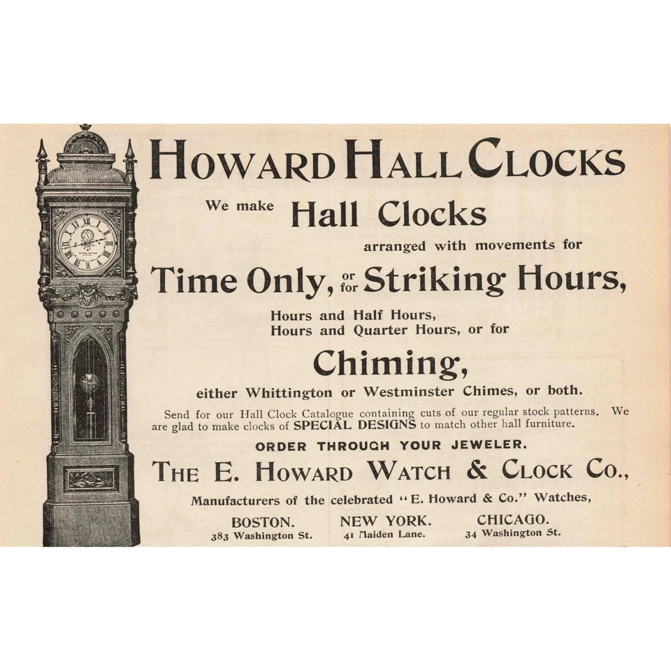 1892 年霍华德·霍尔时钟印刷广告-祖父时钟已恢复 — 第 1/1 张图片