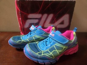 GUC Size 4 Girls Fila Granted Strap blue pink yellow neon Shoes w/box - Picture 1 of 6