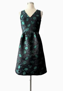 J. CREW Kleid Mantel schwarz grün Blumenmuster ärmellos Jaquard Cocktail V-Ausschnitt Gr. 0 - Bild 1 von 11