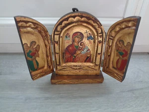 TRYPTIQUE COPIE ICONE BYSANTINE VIERGE FAIT MAIN SUR BOIS AVEC CERTIFICAT - Photo 1/5