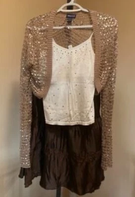 Винтажный Y2K ограниченного слишком девочек размер 12 богемное юбка, блестки Cami, золотой сетки Shrug - Изображение 1 из 3