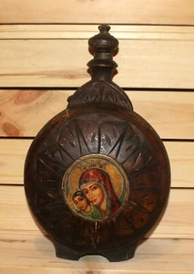 Botella jarra de madera tallada floral folclórica pintada a mano religiosa vintage - Imagen 1 de 10