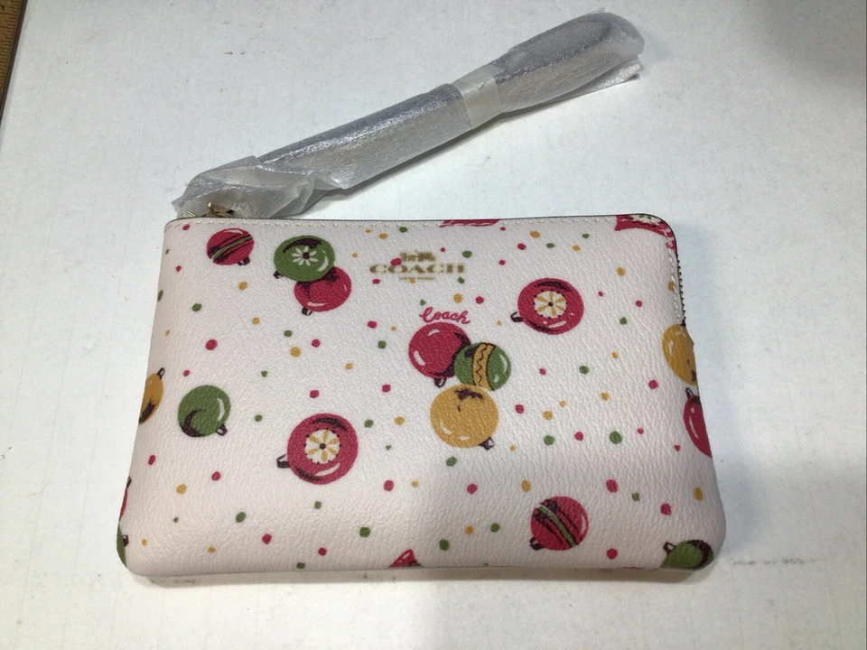 COACH Corner Zip Wristlet With Ornament Print Gold/Chalk Multi C7406 -