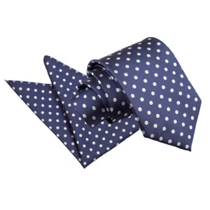 Navy Blue Woven Polka Dot Classic Mens Tie & Pocket Square Set by DQT - Picture 1 of 5
