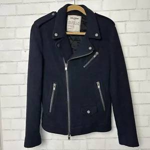 Zadig & Voltaire Merino Wool Moto Jacket Womens Size XS Black Blue Biker - Picture 1 of 12