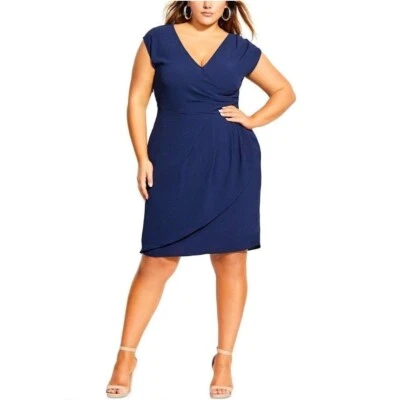 City Chic Womens Plus M 18 Navy Blue V Neck Faux Wrap Dress NWT CA56 - Image 1 of 3