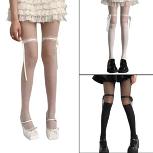 Women s Ribbon Bows Sheer Tights Cute Mock Knee High Stockings Pattern Pantyhose - Picture 1 of 11