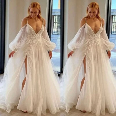 Beach Boho Wedding Dresses V Neck with Side Split Lace Appliques Bridal Gowns - Image 1 of 4