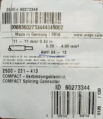 Wago 221-413 Lever Nuts 3 Conductor Compact Connectors 2500 PK (1-Bag) - Image 1 of 2