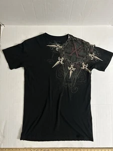Extreme Couture Size LARGE Black Skulls Shoulder Design Wrap Around Print Shirt - Picture 1 of 7