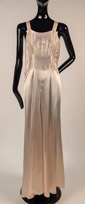 HOLLYWOOD GLAMOUR 1930’S LONG CHAMPAGNE SATIN DRESS W RIB PLEAT TOP - Image 1 of 4