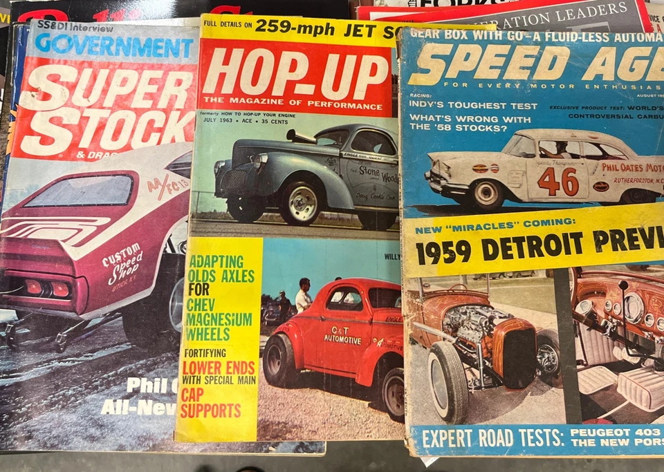 Lot Of 3 Drag racing  Mags Speed Age Aug.1958,Hop-Up July ‘63,Super Stock 1971 - Image 1 of 4