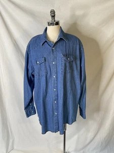 Vtg Wrangler Pearl Snap Denim Shirt 2X Tall Long Tails 3 Snap Cuff Flap Pockets - Picture 1 of 10