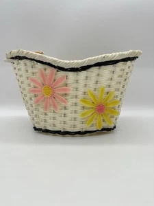 VTG 70's Bike Basket Flowers Woven Plastic Retro Wicker Leather Straps Handlebar - Picture 1 of 7