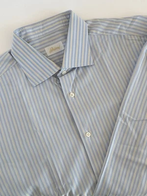 Camisa Brioni Para Hombre Rayas 17.5 44 Azul Amarillo Elegante Formal Lujo Italiana Foto 1 de 4