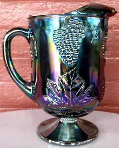 Indiana Glass Iridescent Blue Carnival Harvest Grape Footed 64 ounce Pitcher - Picture 1 of 10