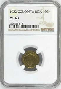 Costa Rica: 10 Centimos 1922 GCR, NGC MS-63, KM# 152 Brass - Picture 1 of 2