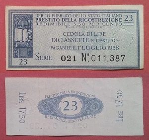 Cedola di Pagamento - Debito pubblico dello stato italiano Lire 17,50 - 1958 - Bild 1 von 1