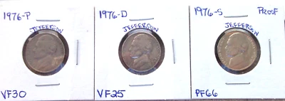 1976-P VERY FINE PLUS / 1976-D VERY FINE PLUS / 1976-S HIGH END PROOF NICKELS - Image 1 of 4