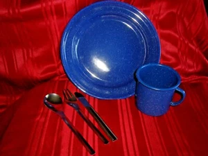 Gesprenkelt Blau Emaillegeschirr Camping Outdoor Geschirr Teller 20 Unzen Becher Utensilien Set - Bild 1 von 5