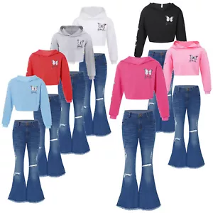 Kids Girls Sweatsuits Bell-bottom Tops With Flared Jeans Fly Ripped Tracksuits - Picture 1 of 59