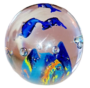 Art Glass Round Paperweight Fish Coral Reef 3.5” - Picture 1 of 9