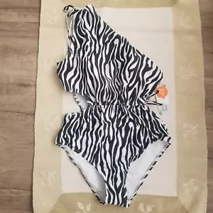 Charmo Womens L Zebra Print One Shoulder One Piece Swimsuit Bathing Suit UPF 50+ - Picture 1 of 16